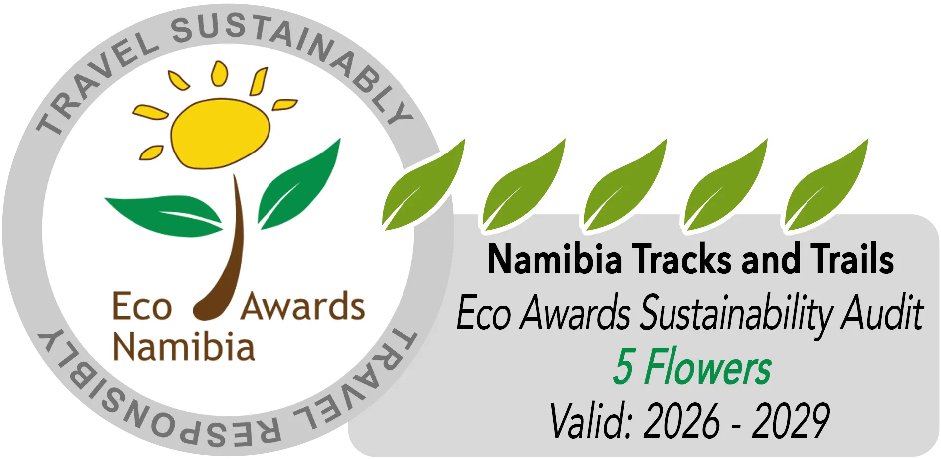 Eco Awards Namibia badge: Namibia Tracks and Trails, Eco Awards Sustainability Audit, 5 Flowers, valid 2026 to 2029
