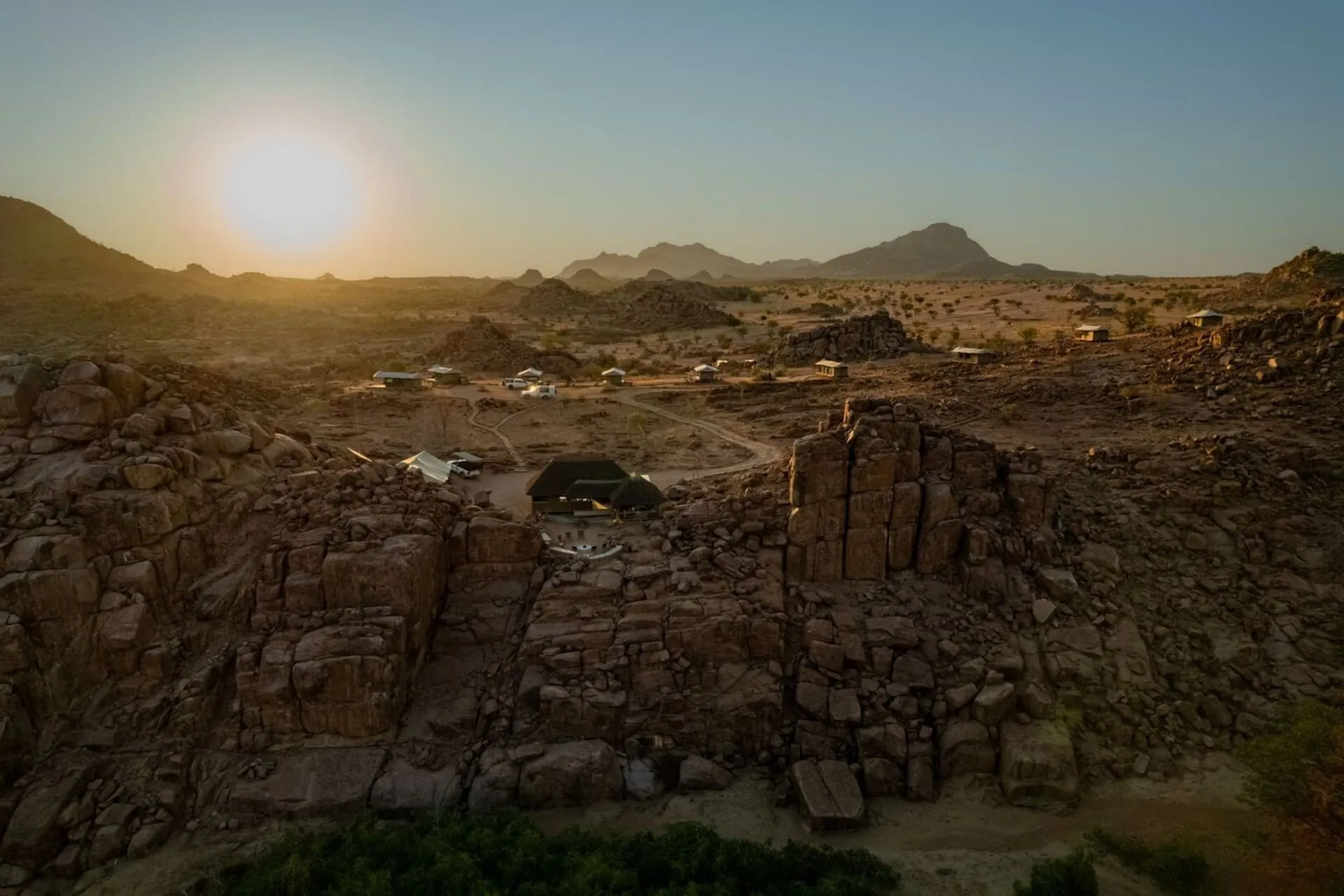 Sunrise over the rocky hills at Ozondjou